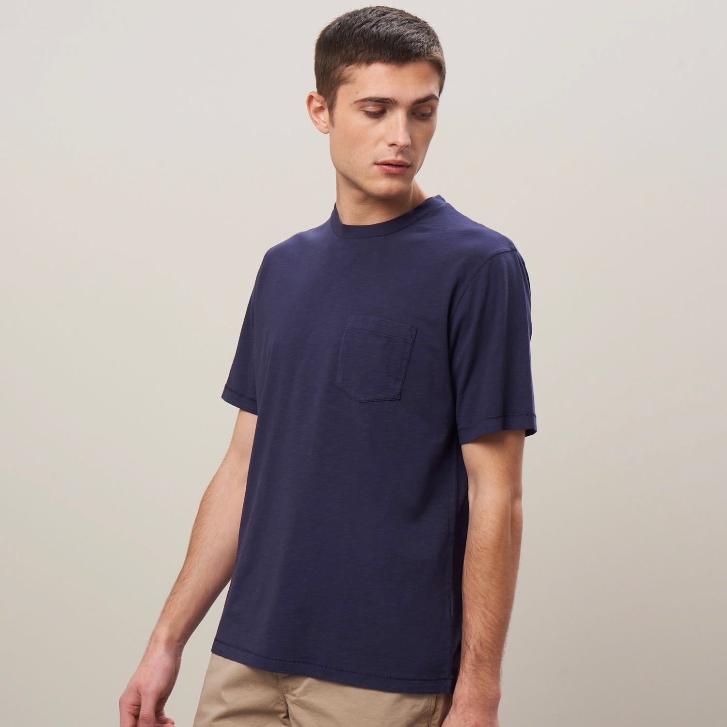MEN KNITTED T-SHIRT - POCKET CREW - NAVY