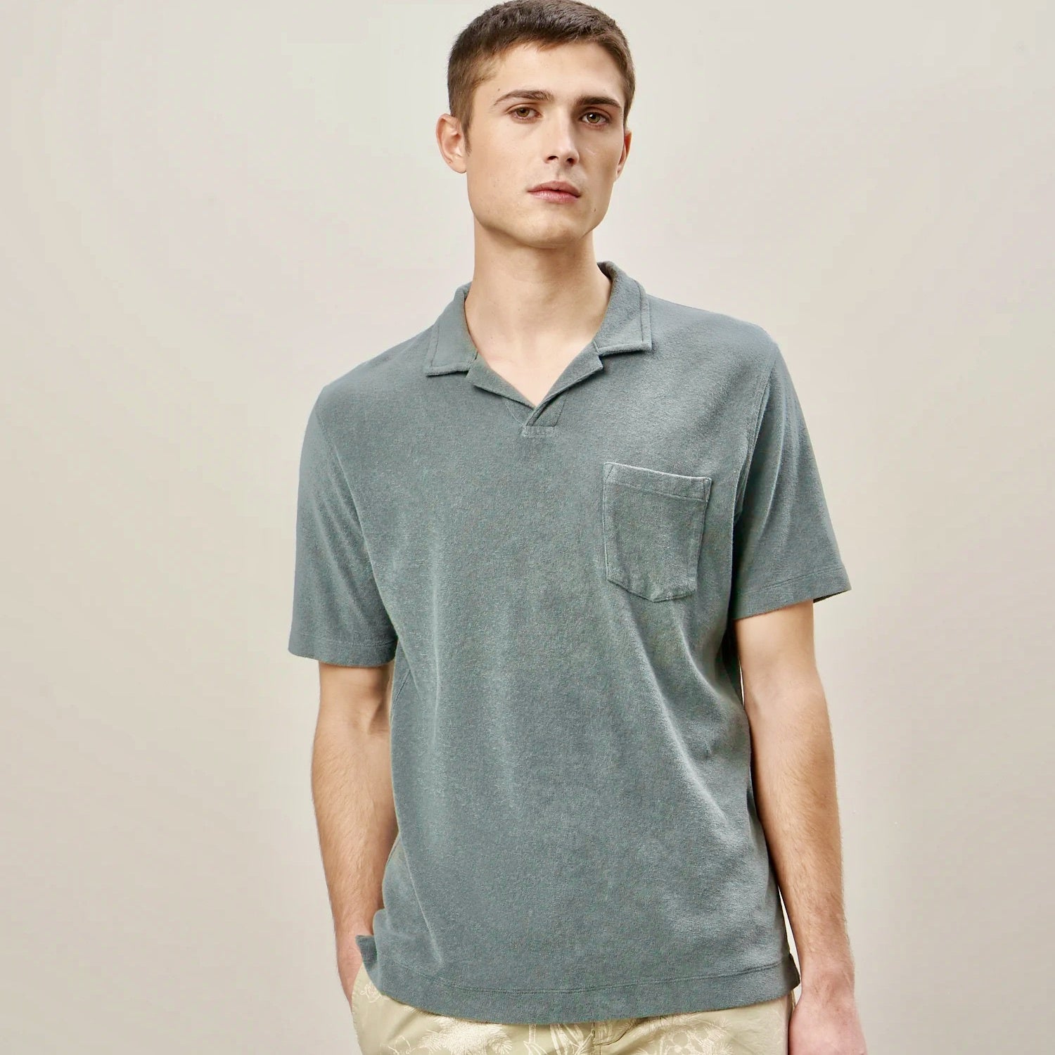 MEN KNITTED POLO - BOUCLETTE - FADED GREEN