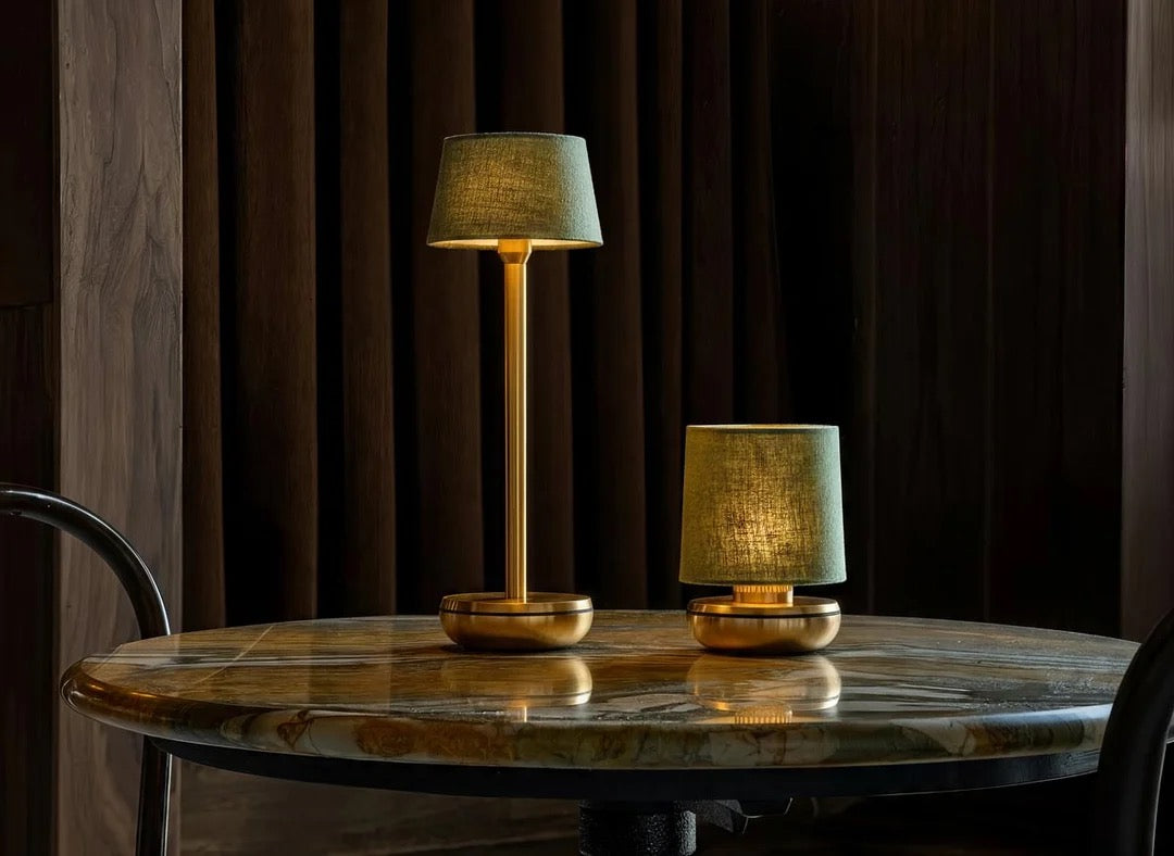 TWO TABLE LIGHT GOLD EMERALD/LINEN