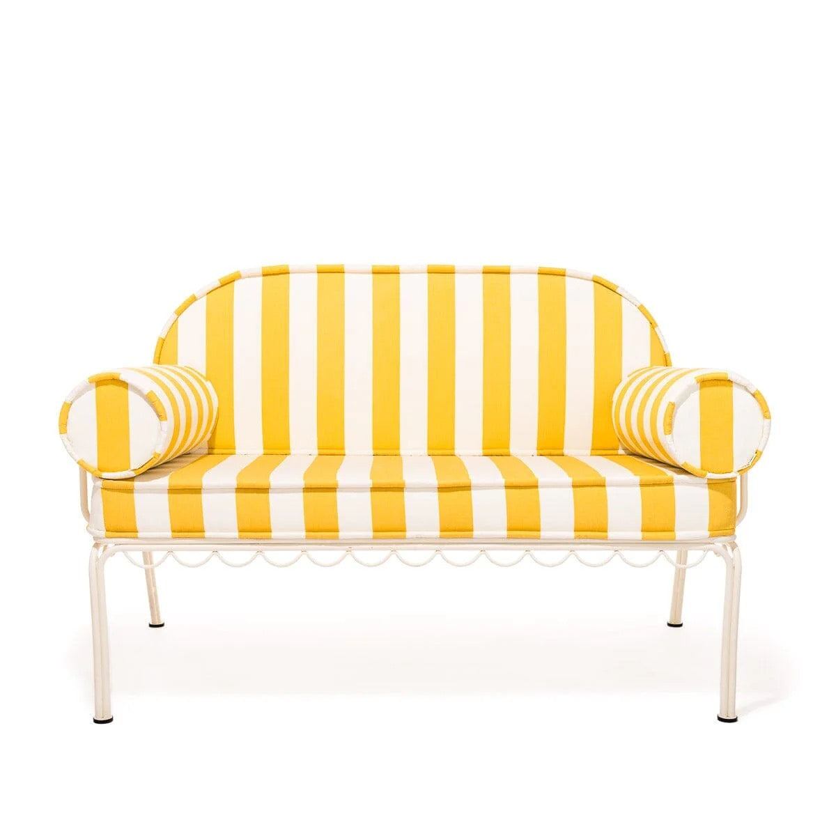 THE AL FRESCO LOVE SEAT IN CREW MIMOSA YELLOW STRIPE | ANTIQUE WHITE FRAME | On Order