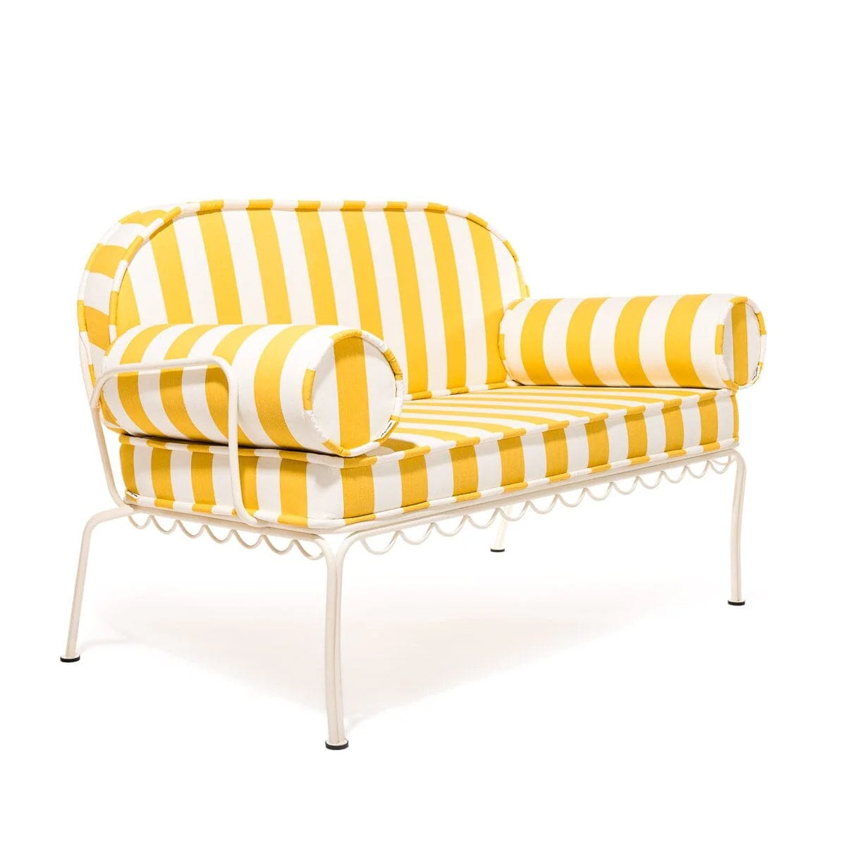 THE AL FRESCO LOVE SEAT IN CREW MIMOSA YELLOW STRIPE | ANTIQUE WHITE FRAME | On Order