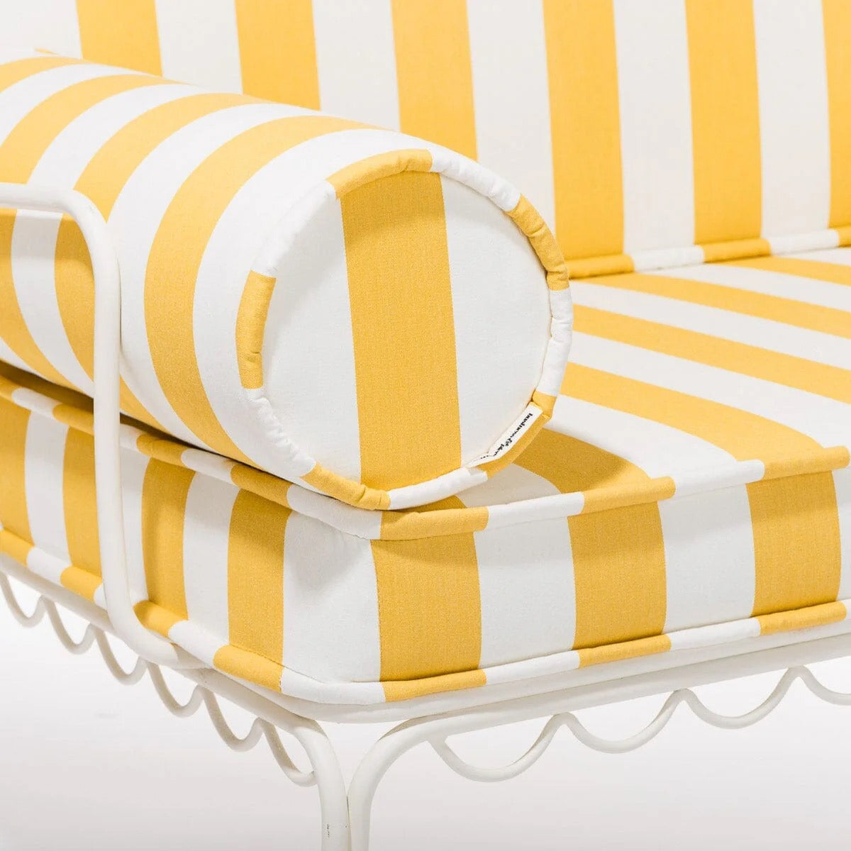 THE AL FRESCO LOVE SEAT IN CREW MIMOSA YELLOW STRIPE | ANTIQUE WHITE FRAME | On Order