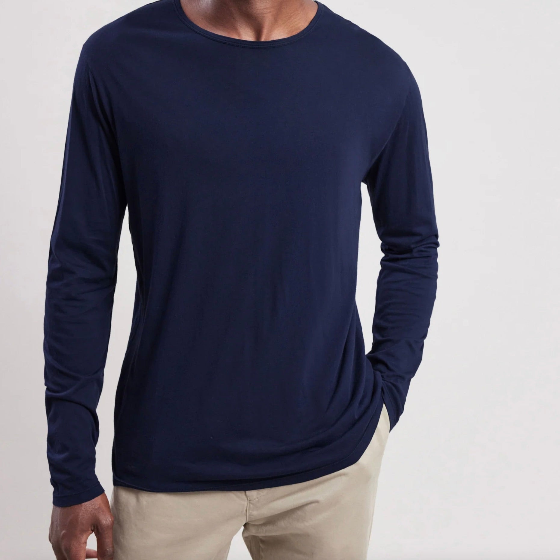 MEN KNITTED T-SHIRT - LIGHT CREW lONG SLEEVE - NAVY