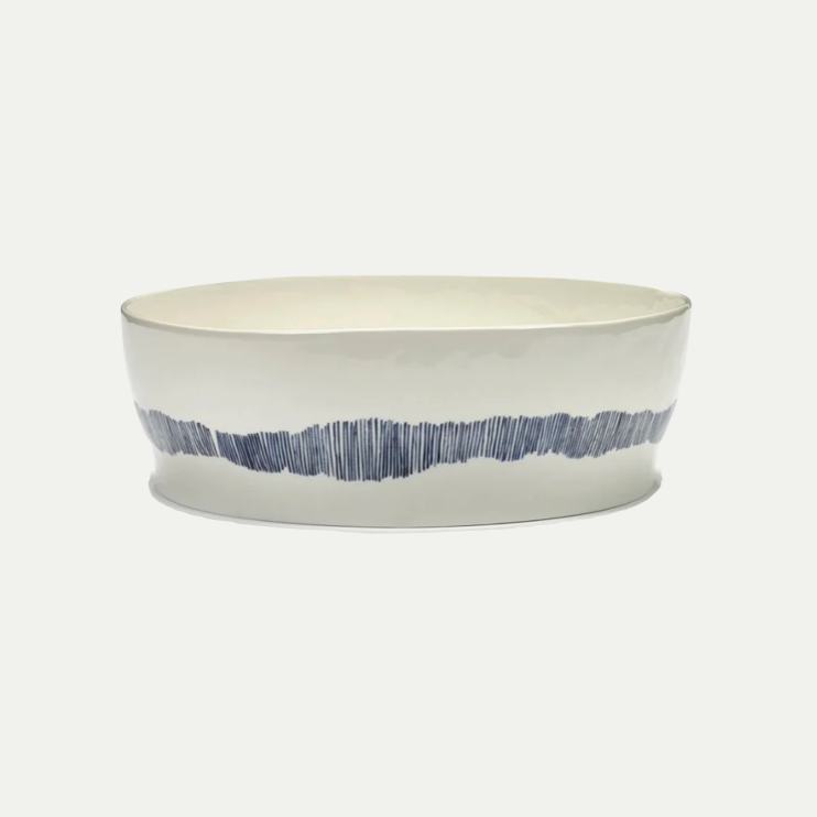SALAD BOWL WHITE SWIRL - STRIPES BLUE FEAST