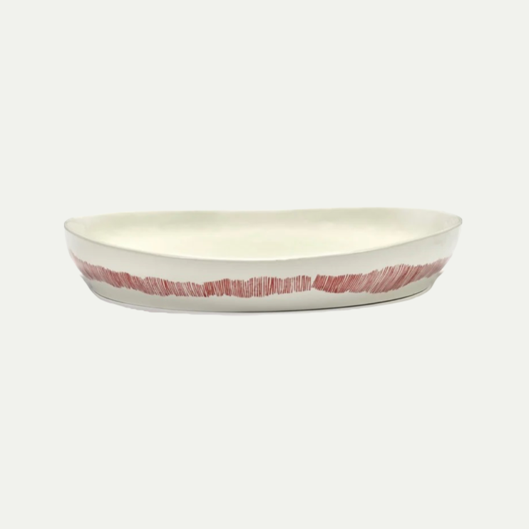 SERVING PLATE M WHITE SWIRL - STRIPES RED FEAST