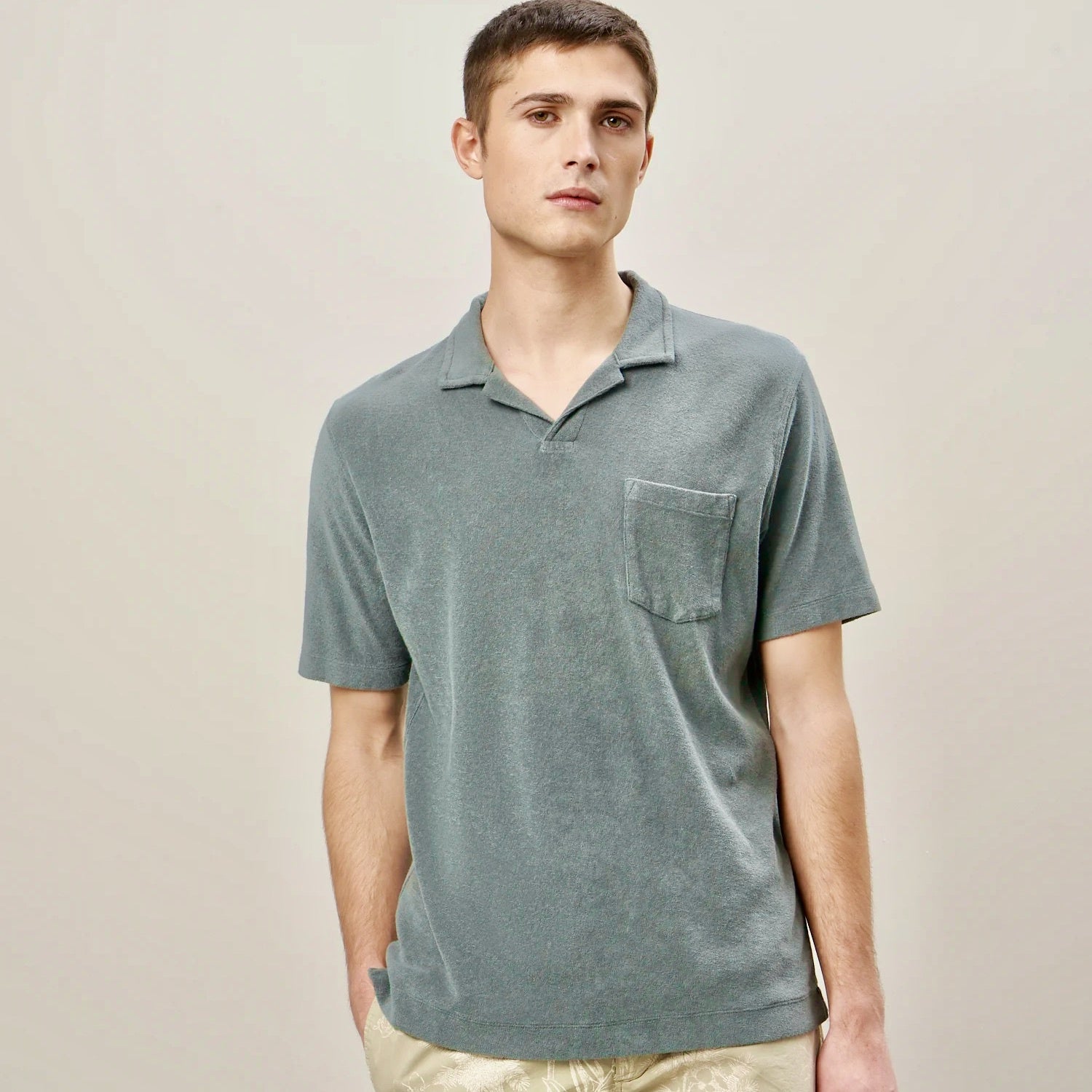 MEN KNITTED POLO-BOUCLETTE POLO-FADED GREEN