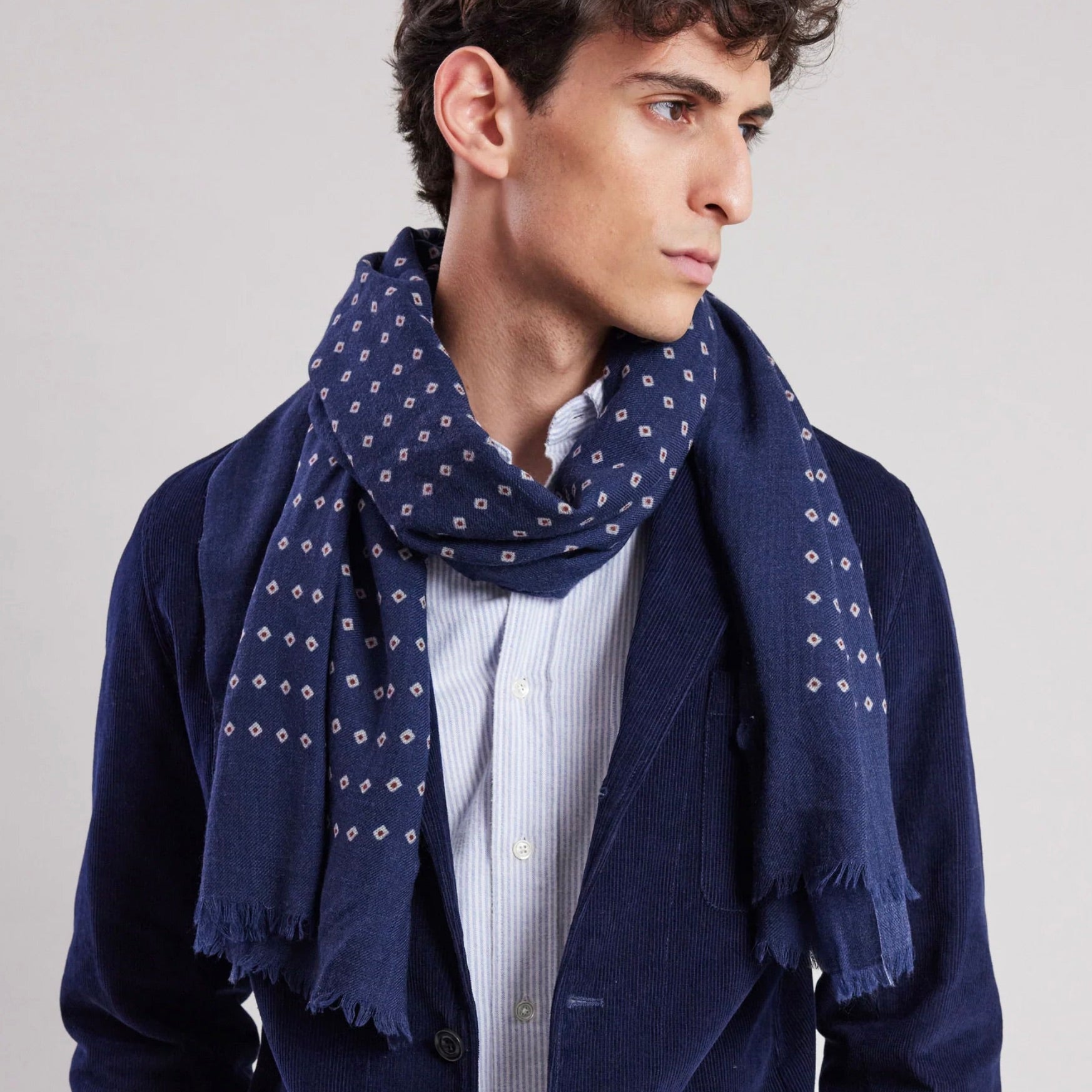 MEN WOVEN SCARF -INDIGO -DOTS