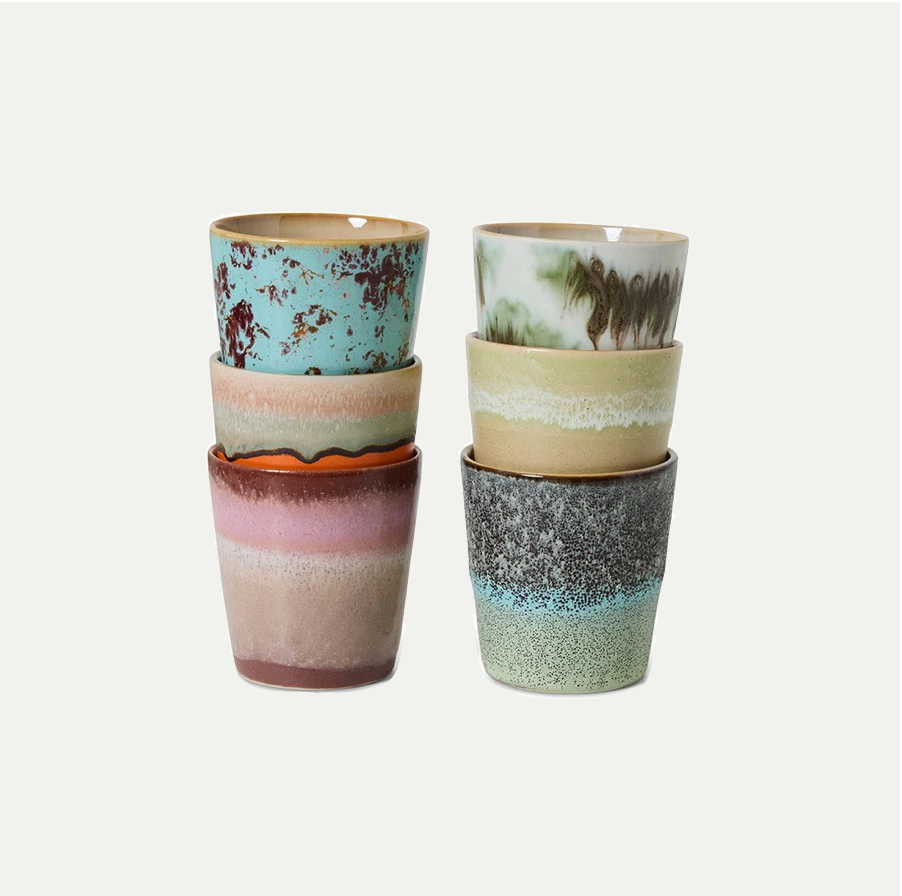 70's CERAMIC COFFEE MUGS, SURREAL SET OF 6