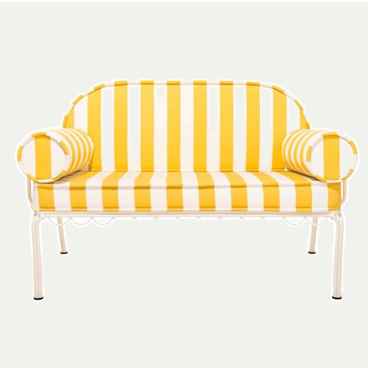 THE AL FRESCO LOVE SEAT IN CREW MIMOSA YELLOW STRIPE | ANTIQUE WHITE FRAME | On Order