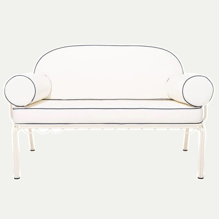 THE AL FRESCO LOVE SEAT IN RIVIE WHITE | ANTIQUE WHITE FRAME | On Order
