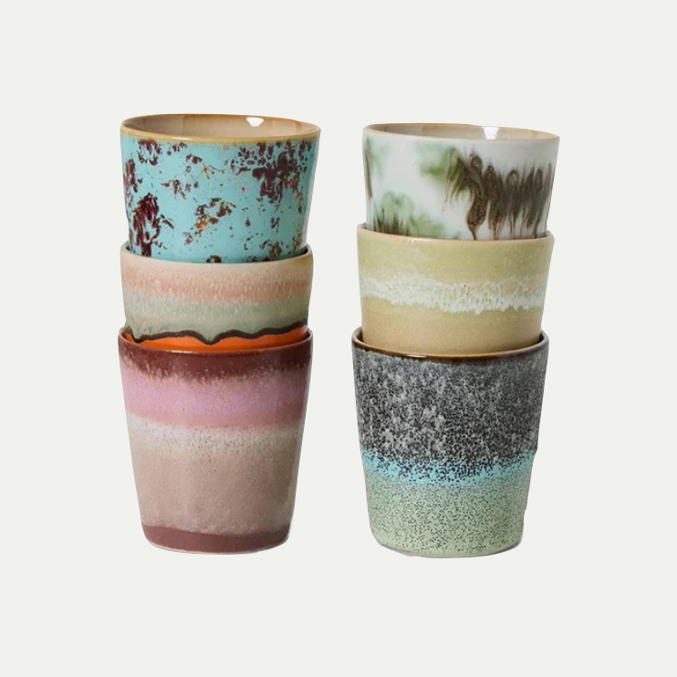 70's CERAMIC COFFEE MUGS, SURREAL SET OF 6