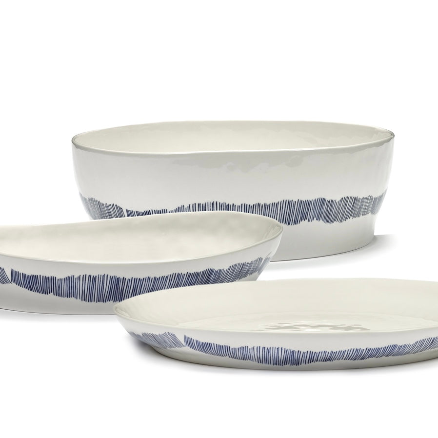 SALAD BOWL WHITE SWIRL - STRIPES BLUE FEAST